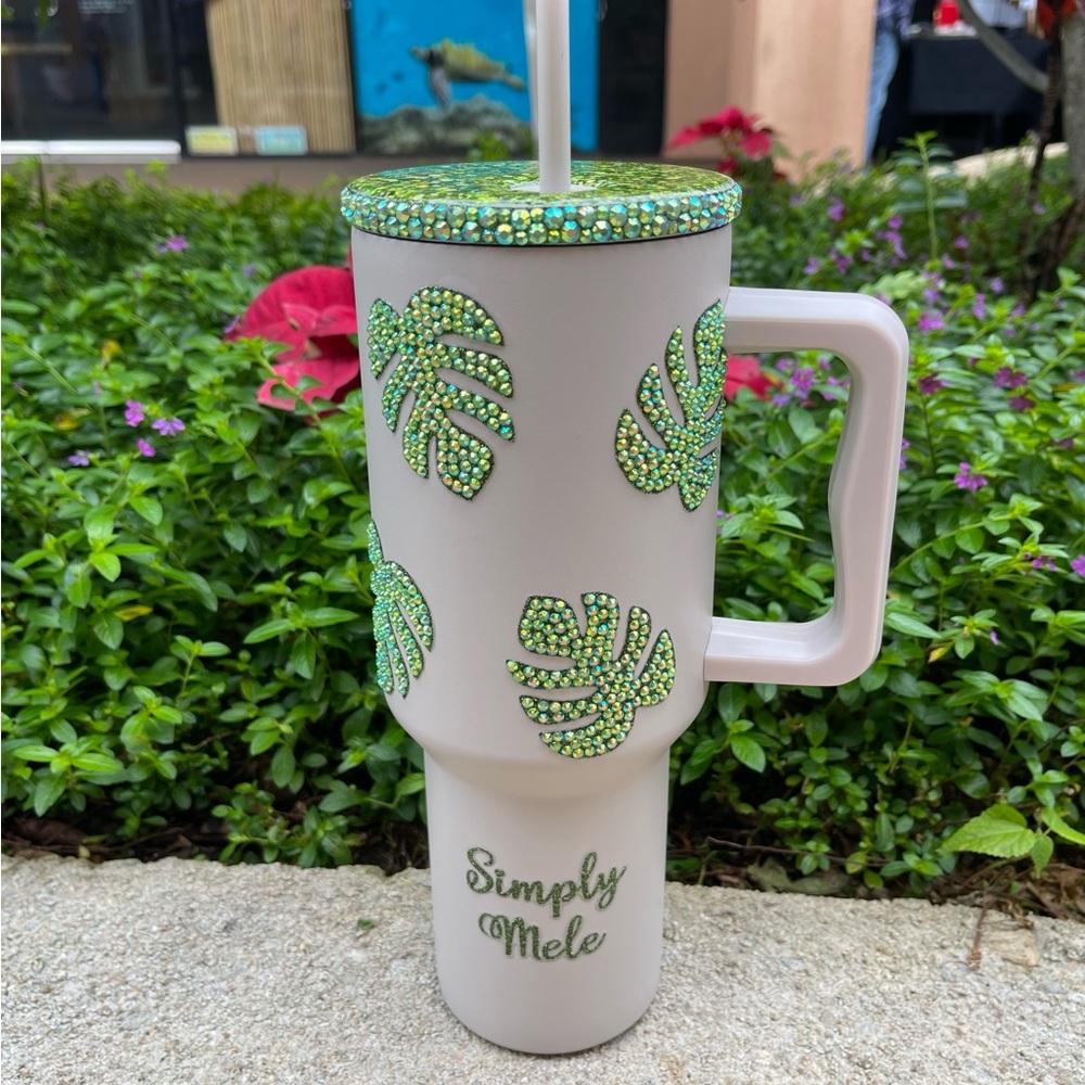Almond Birch Tumbler/Lime Green Monstera Leaves